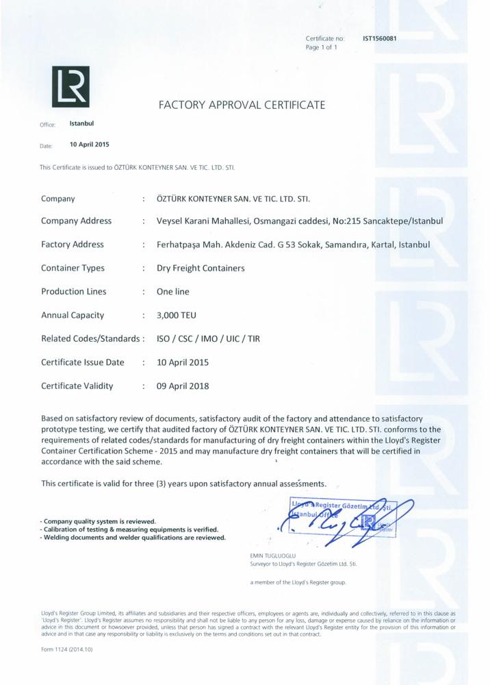 Ozturk Container - Factory Approval Certificate